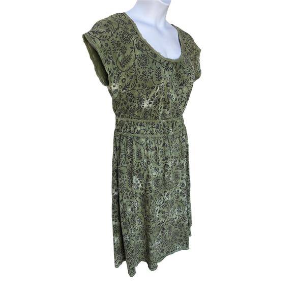 Sahalie Olive Cotton Jersey Pullover Dress w Block Print Pattern, Tie Dye size L - Picture 6 of 11